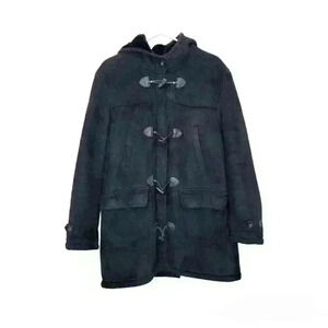 New York  Black Faux Suede Hooded Fur Lined Black  Coat Sz Medium